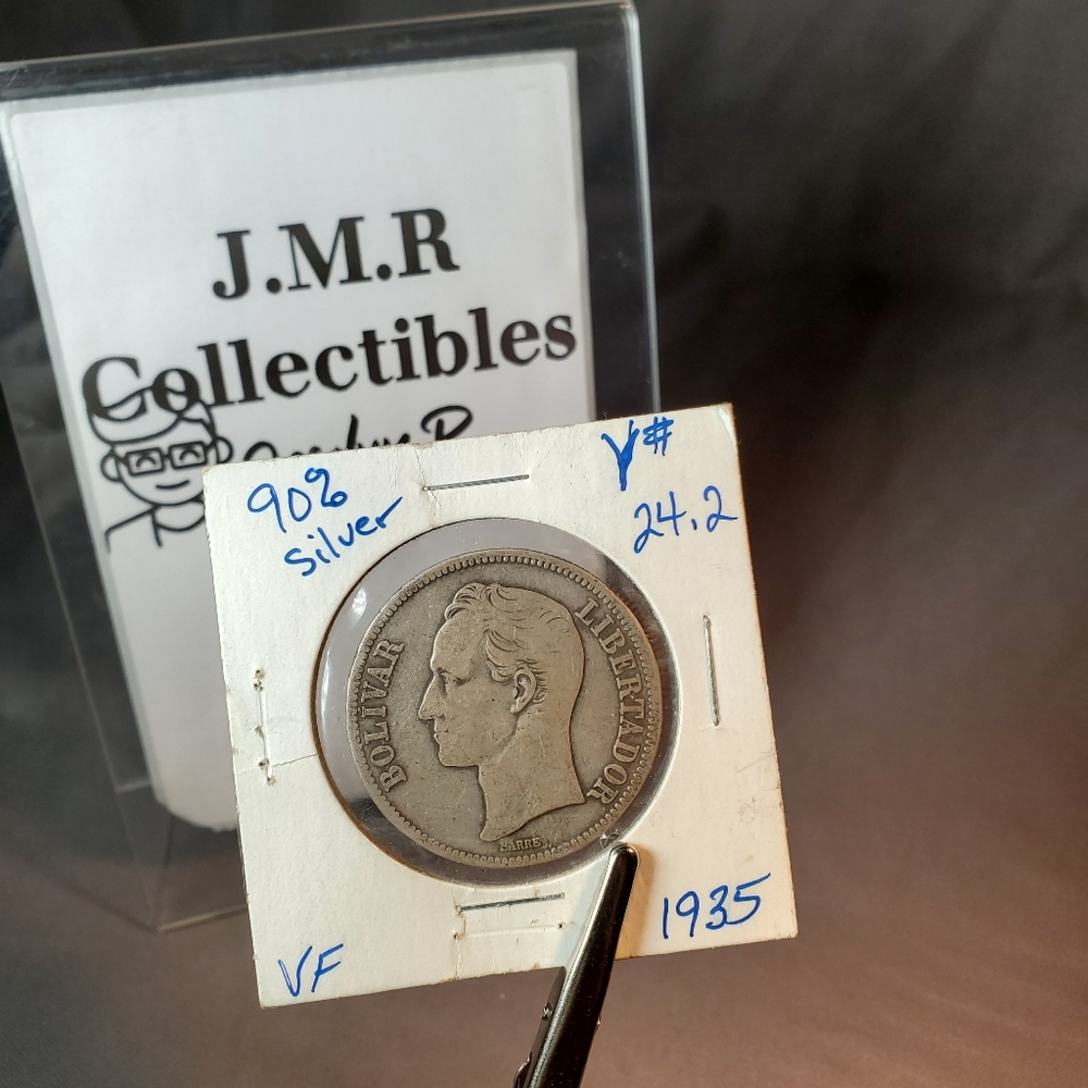 Circulated 1935 VENEZUELA 5 BOLIVARES .900 Silver Crown Coin  Y#24.2